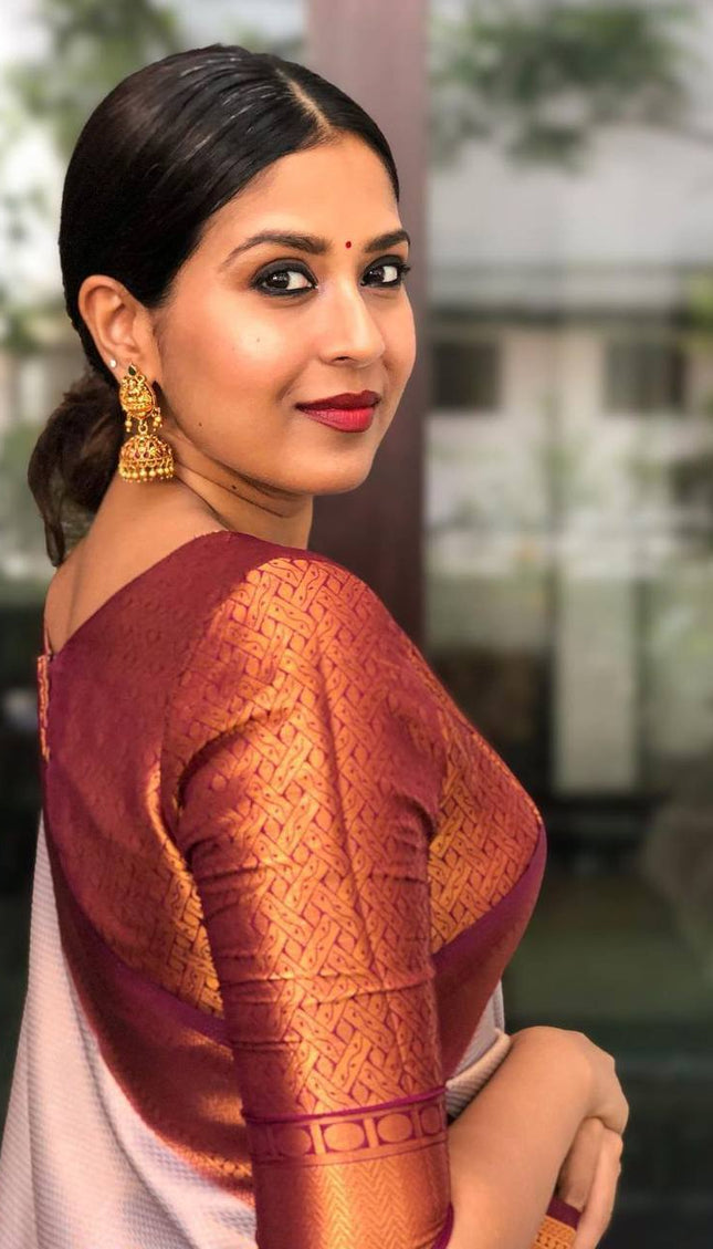 Cream And Red Trending Lichi Silk Saree For Wedding