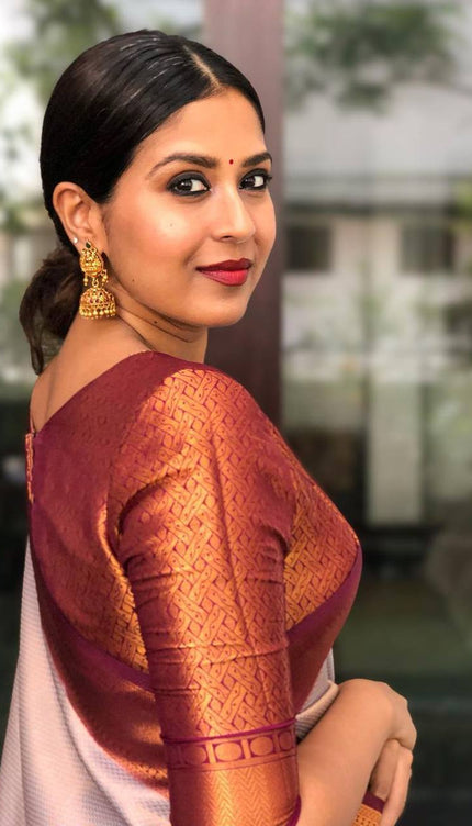 Cream And Red Trending Lichi Silk Saree For Wedding