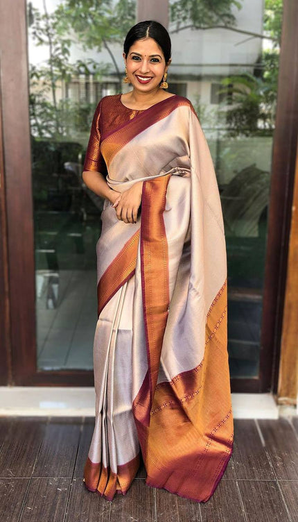 Cream And Red Trending Lichi Silk Saree For Wedding