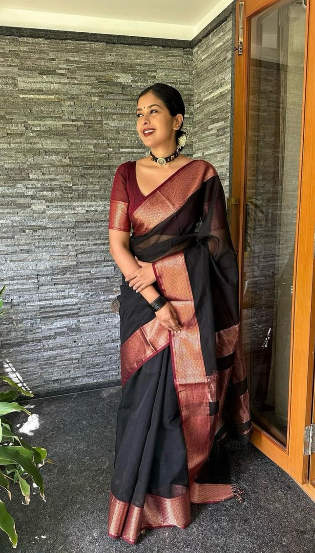 Confounding Black Soft Silk Saree