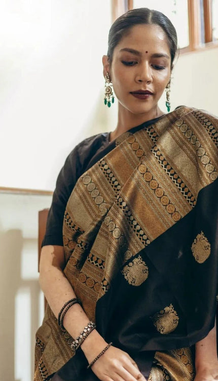 Black Banarasi Soft Silk Saree With Zari Weaving Work