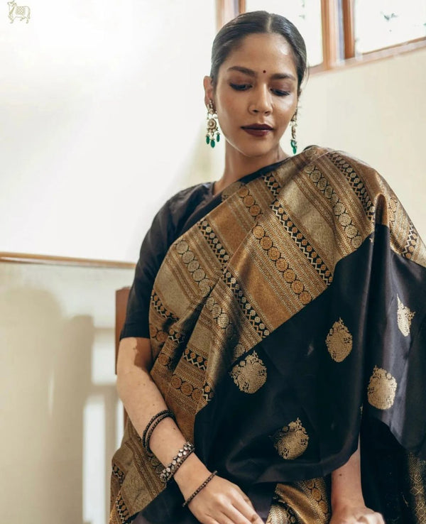 Black Banarasi Soft Silk Saree With Zari Weaving Work
