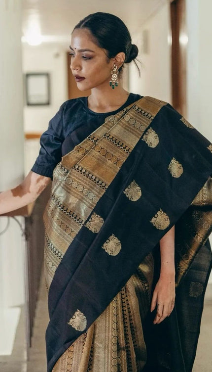 Black Banarasi Soft Silk Saree With Zari Weaving Work