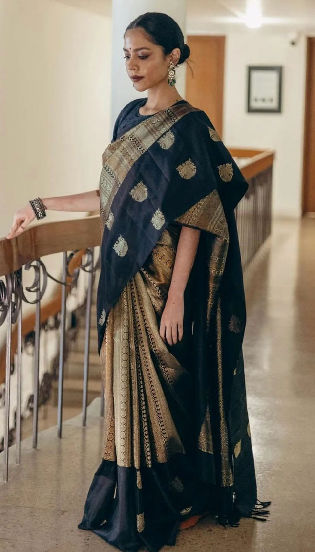 Black Banarasi Soft Silk Saree With Zari Weaving Work