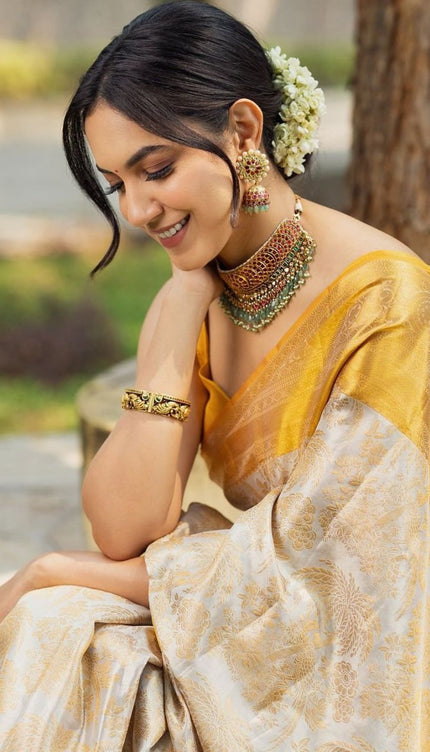 Imbrication Beige Soft Silk Saree