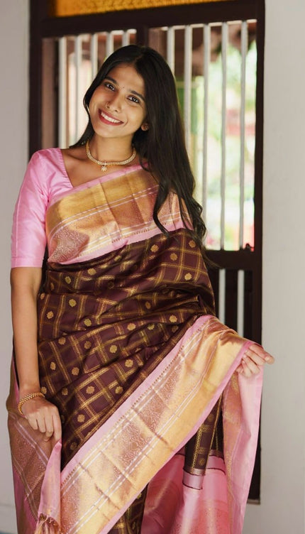 Maroon With Pink Border Banarasi Silk Saree