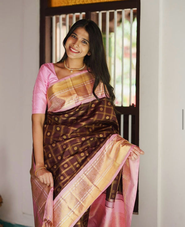 Maroon With Pink Border Banarasi Silk Saree
