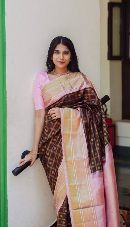 Maroon With Pink Border Banarasi Silk Saree