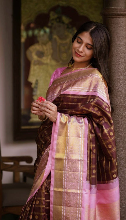 Maroon With Pink Border Banarasi Silk Saree