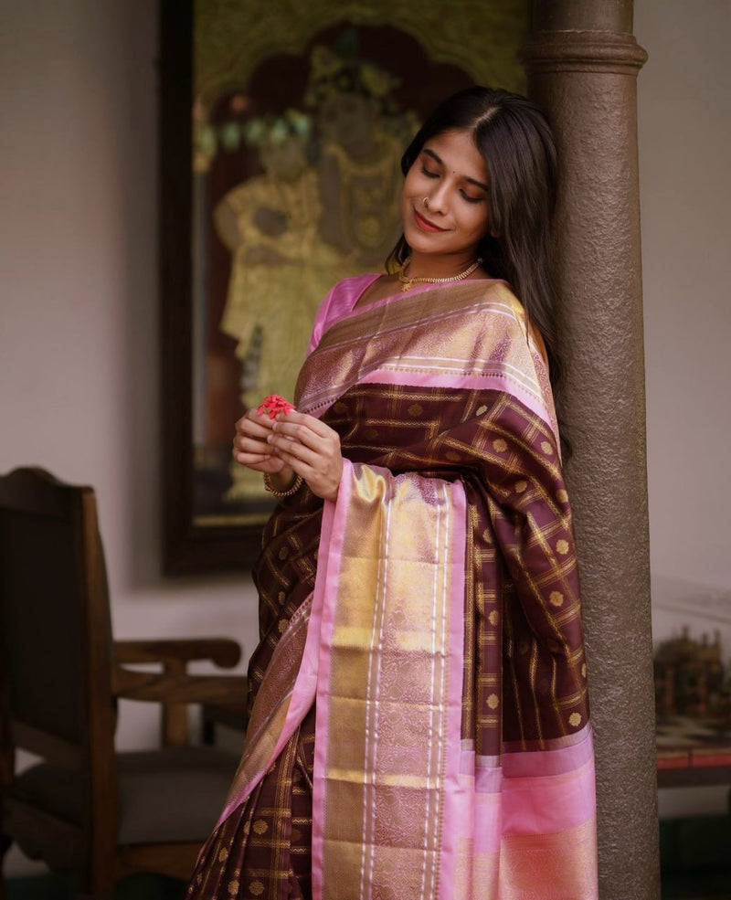 Maroon With Pink Border Banarasi Silk Saree