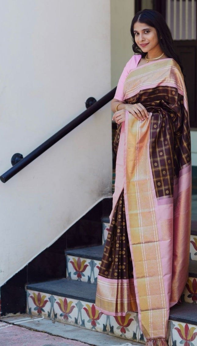 Maroon With Pink Border Banarasi Silk Saree