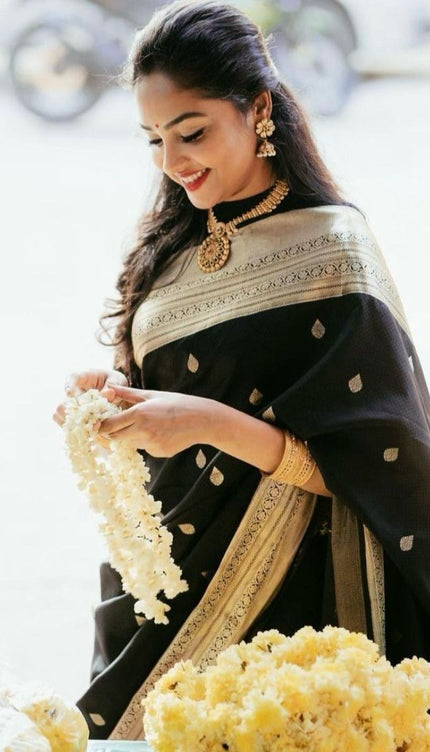 Black Soft Lichi Silk Cloth Saree