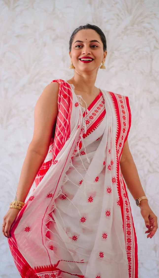 Lissome White Cotton Silk Saree