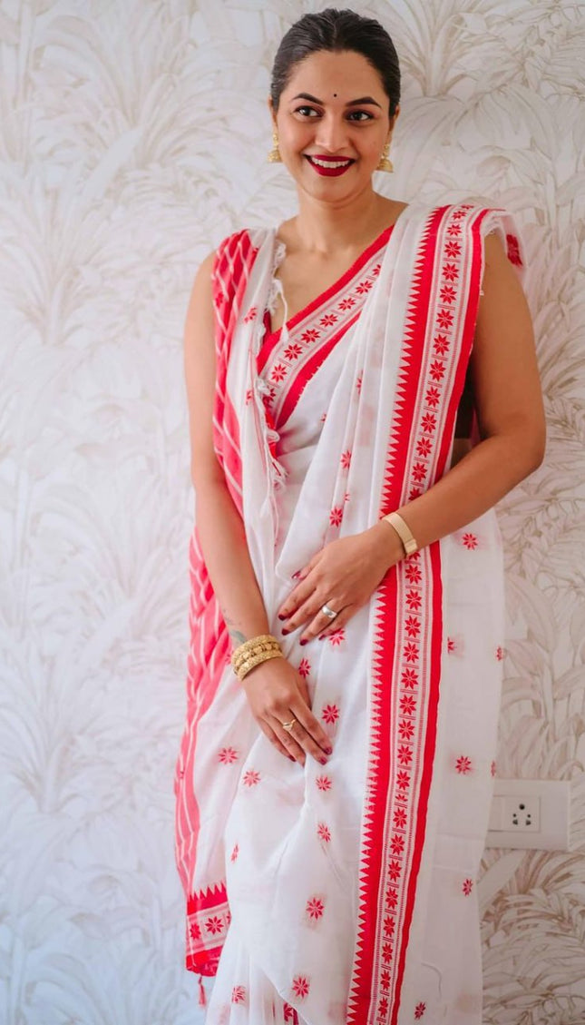 Lissome White Cotton Silk Saree
