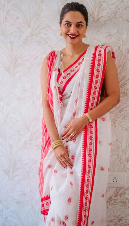 Lissome White Cotton Silk Saree