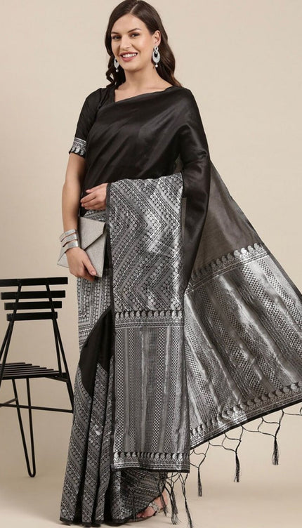 Black With Silver Banarasi Soft Silk Sarees