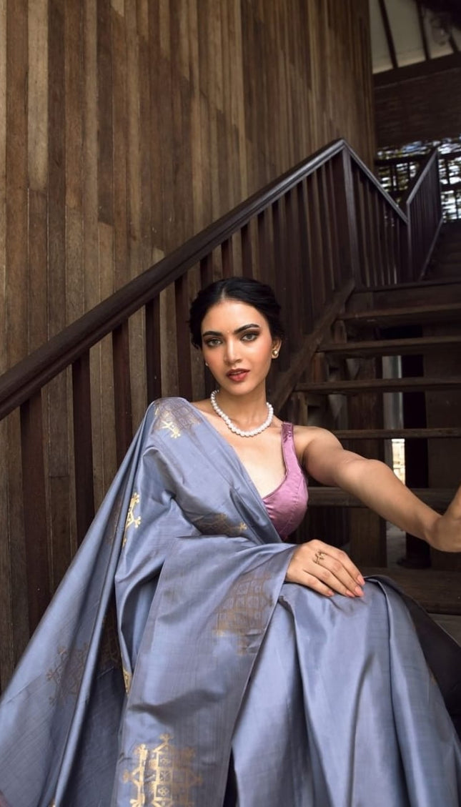 Vestigial Grey Soft Silk Saree