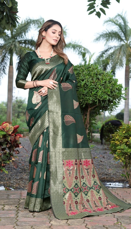 Invaluable Dark Green Soft Banarasi Silk Saree