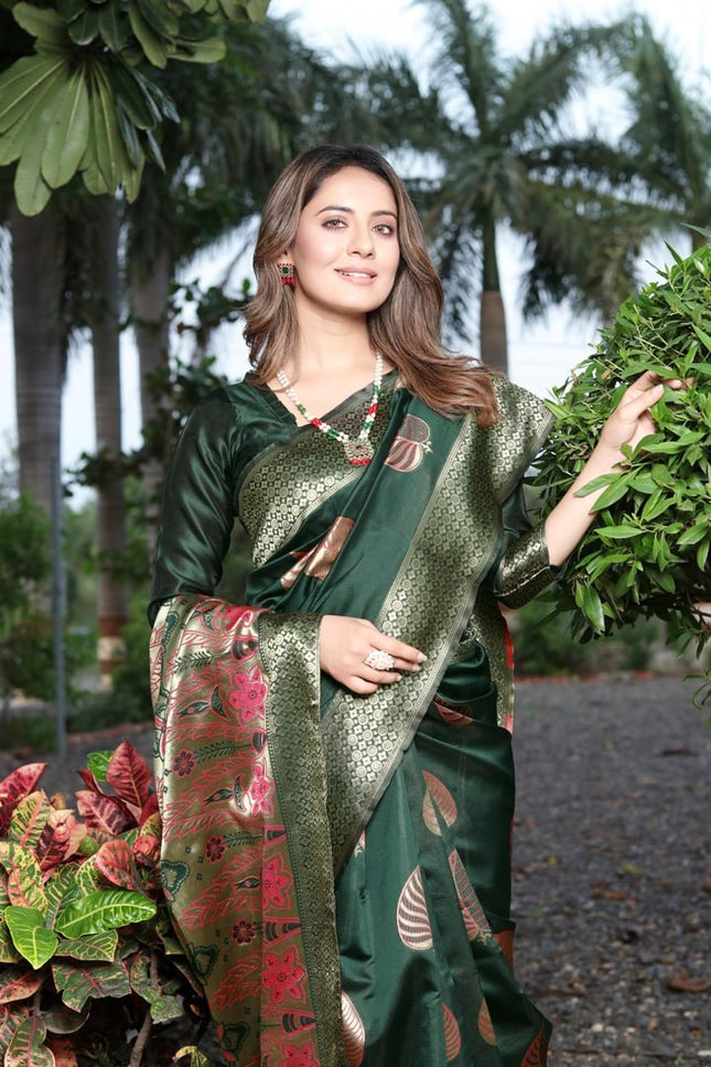 Invaluable Dark Green Soft Banarasi Silk Saree