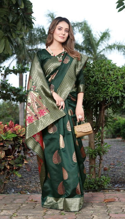 Invaluable Dark Green Soft Banarasi Silk Saree