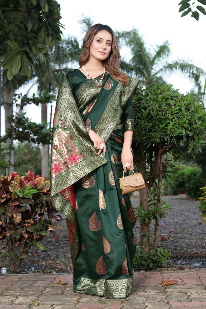 Invaluable Dark Green Soft Banarasi Silk Saree
