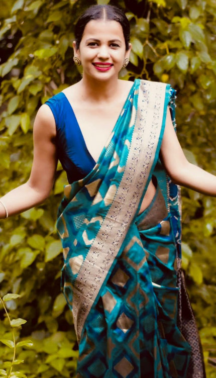 Aqua Blue luxurious Banarasi Weaves soft Silk Saree