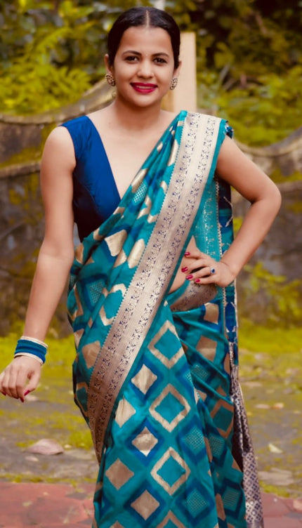 Aqua Blue luxurious Banarasi Weaves soft Silk Saree
