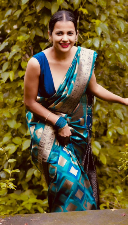 Aqua Blue luxurious Banarasi Weaves soft Silk Saree