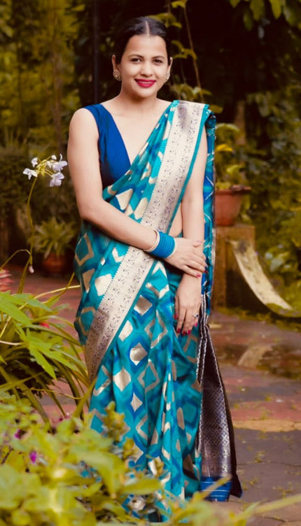Aqua Blue luxurious Banarasi Weaves soft Silk Saree