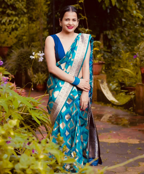 Aqua Blue luxurious Banarasi Weaves soft Silk Saree