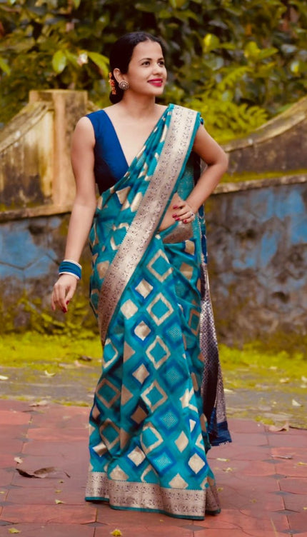 Aqua Blue luxurious Banarasi Weaves soft Silk Saree
