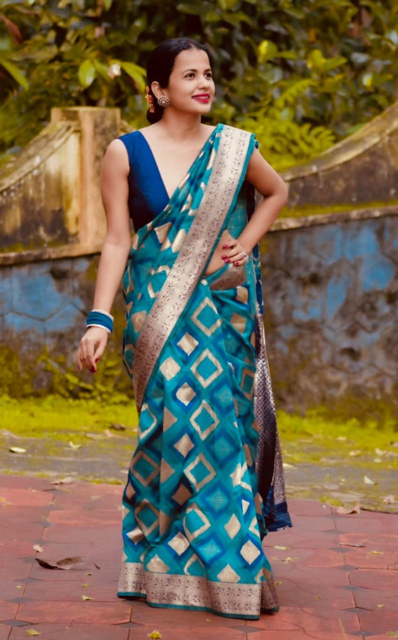 Aqua Blue luxurious Banarasi Weaves soft Silk Saree