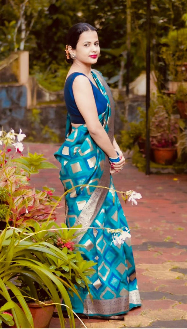 Aqua Blue luxurious Banarasi Weaves soft Silk Saree