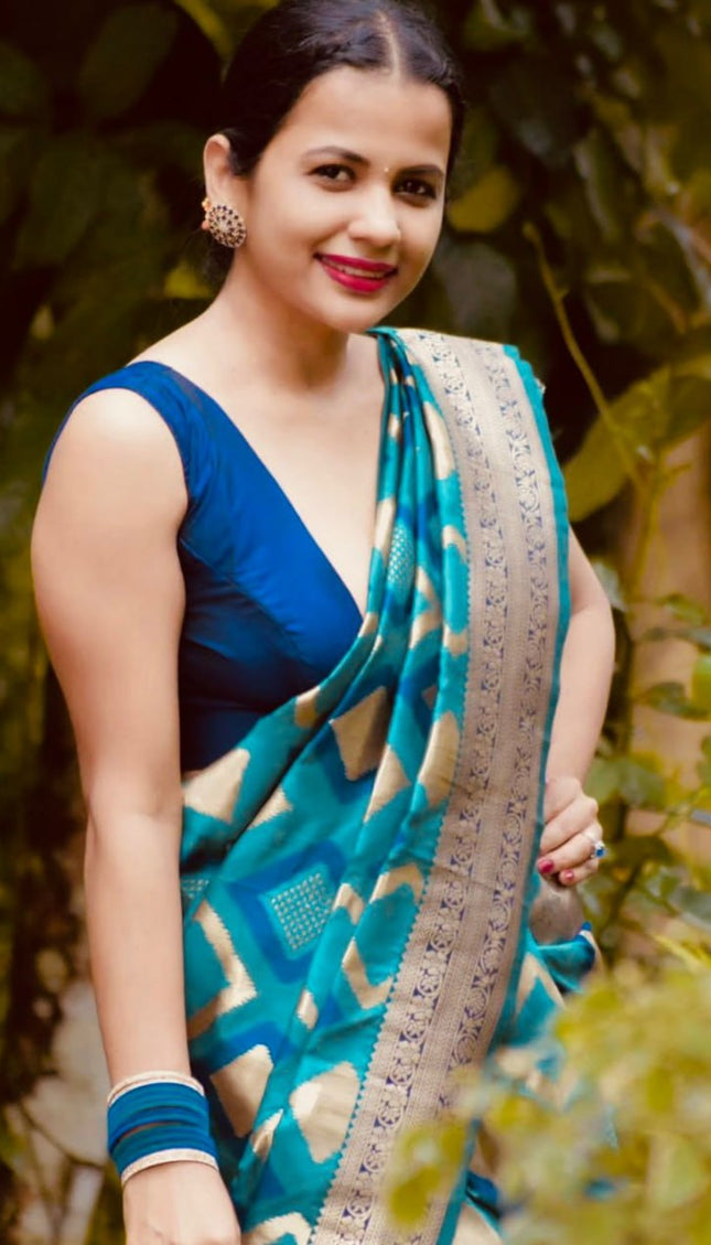Aqua Blue luxurious Banarasi Weaves soft Silk Saree