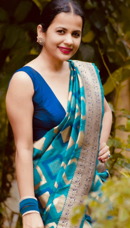 Aqua Blue luxurious Banarasi Weaves soft Silk Saree