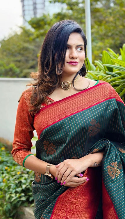 Blissful Dark Green Soft Silk Saree
