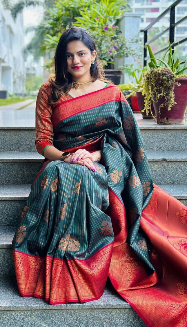 Blissful Dark Green Soft Silk Saree