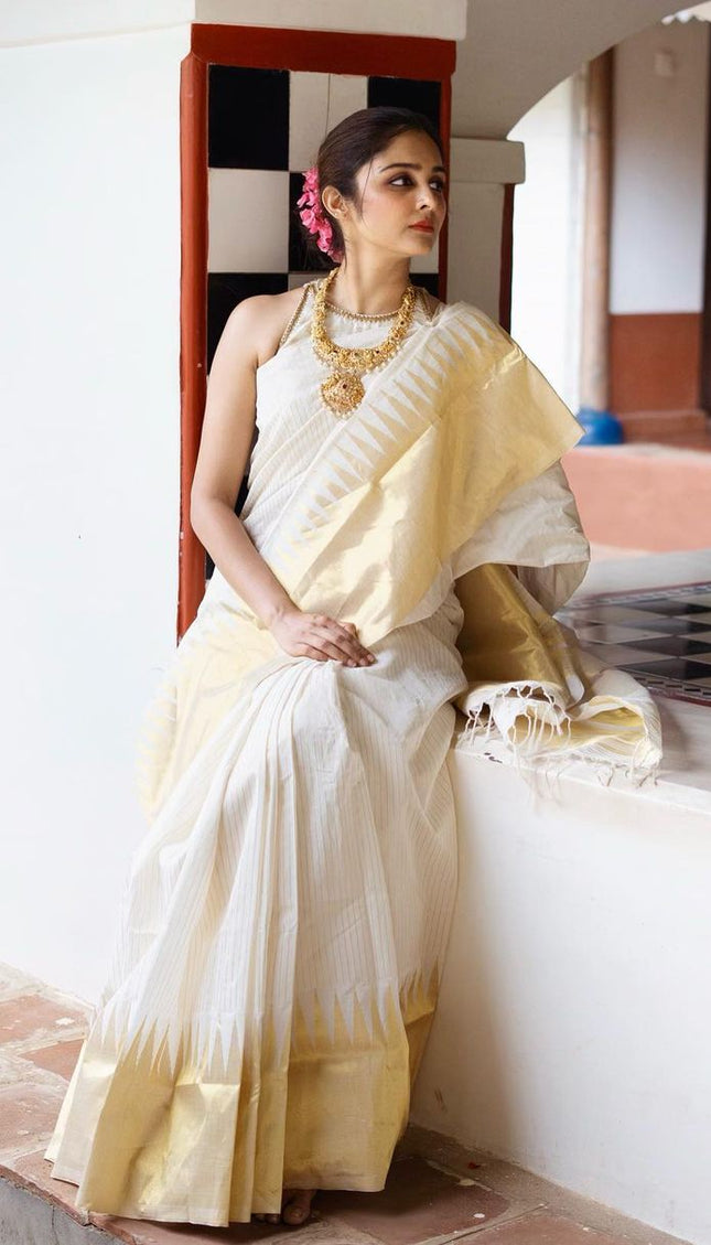 White With Gold Soft Silk Saree