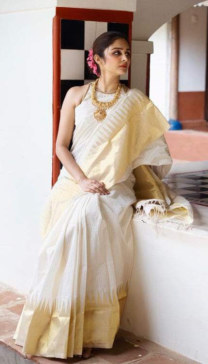 White With Gold Soft Silk Saree
