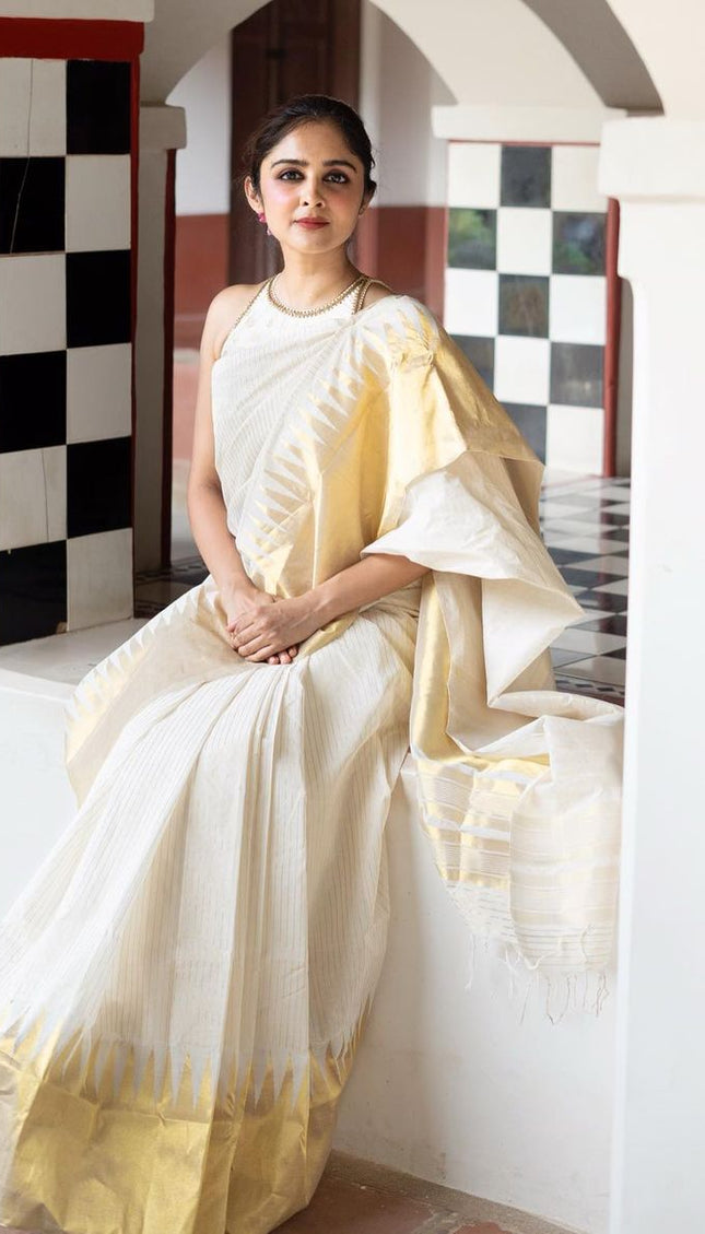 White With Gold Soft Silk Saree