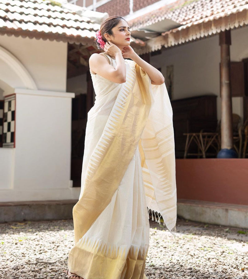 White With Gold Soft Silk Saree