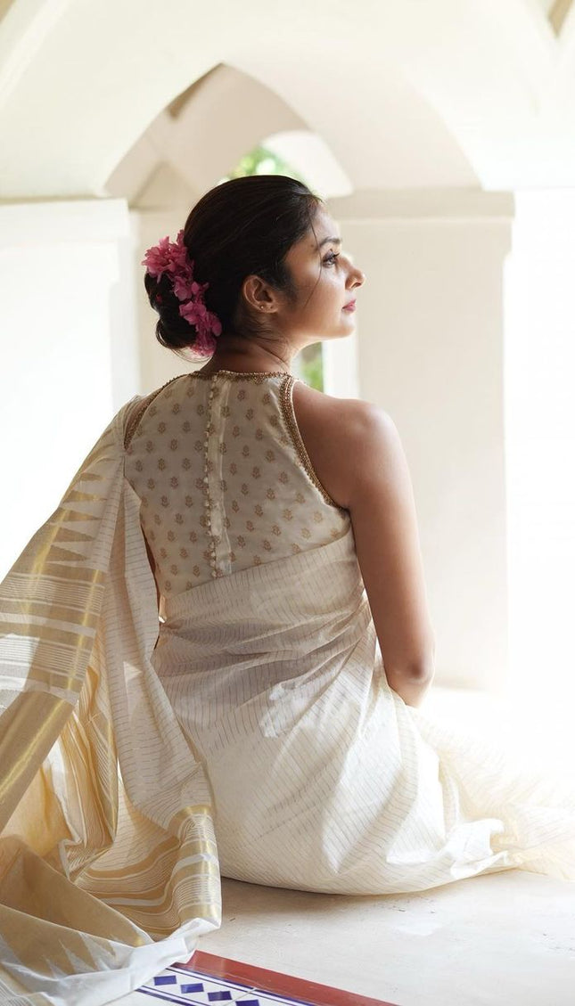 White With Gold Soft Silk Saree