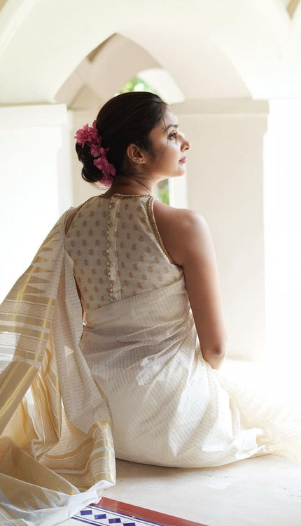 White With Gold Soft Silk Saree