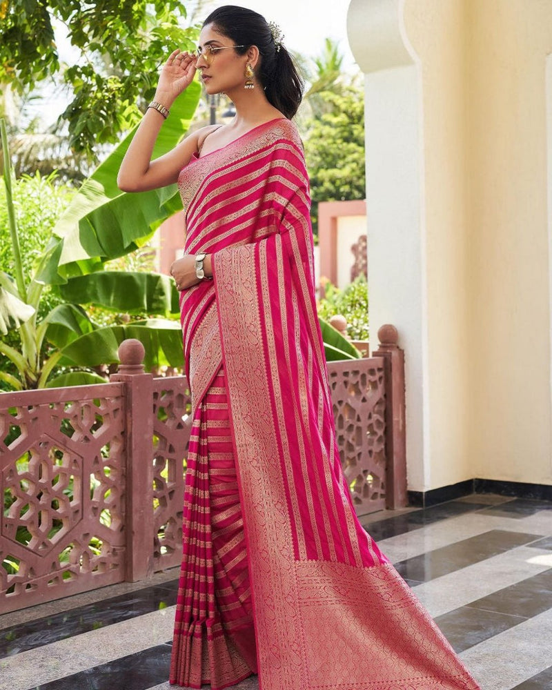French Rose Pink Woven Lichi Silk Saree