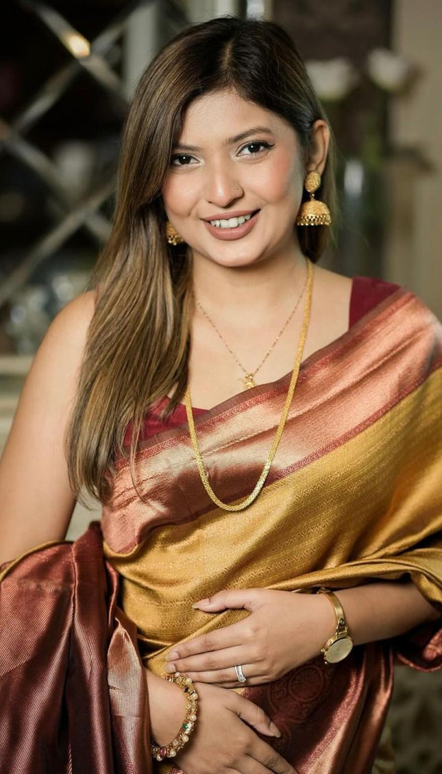 Yellow With Maroon Banarasi Soft Silk Sarees