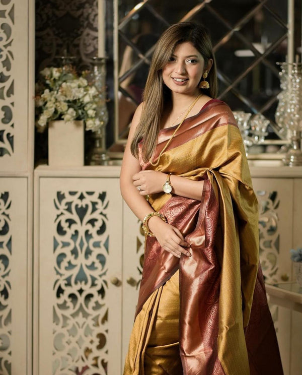 Yellow With Maroon Banarasi Soft Silk Sarees