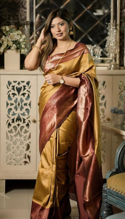 Yellow With Maroon Banarasi Soft Silk Sarees