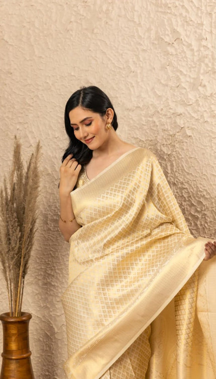 Cream Banarasi Silk Saree