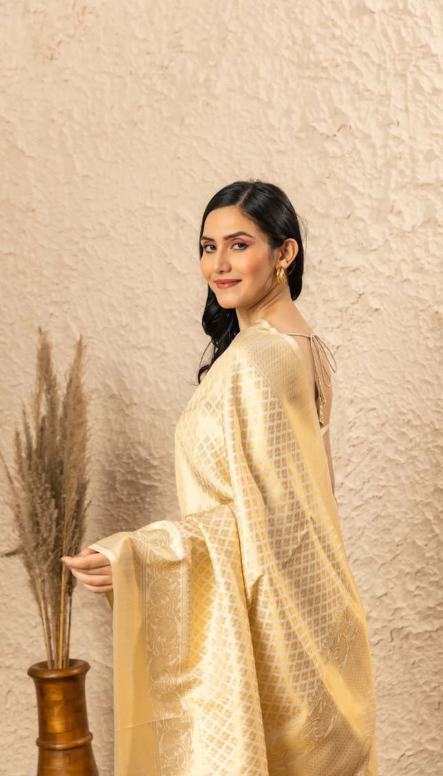 Cream Banarasi Silk Saree