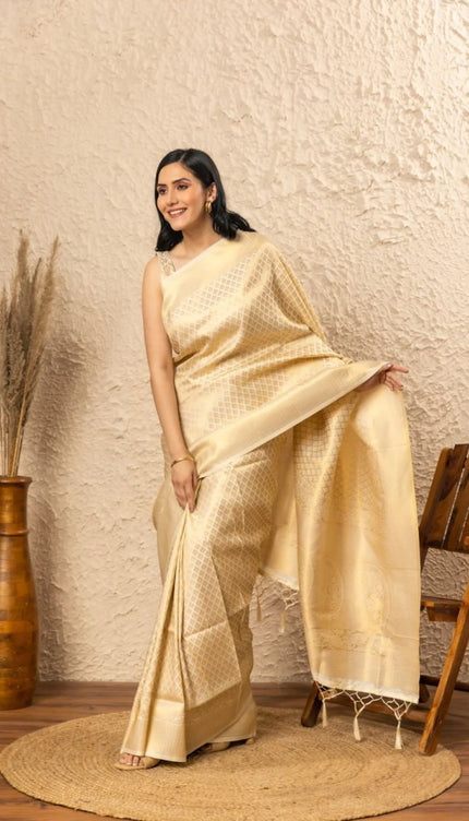 Cream Banarasi Silk Saree